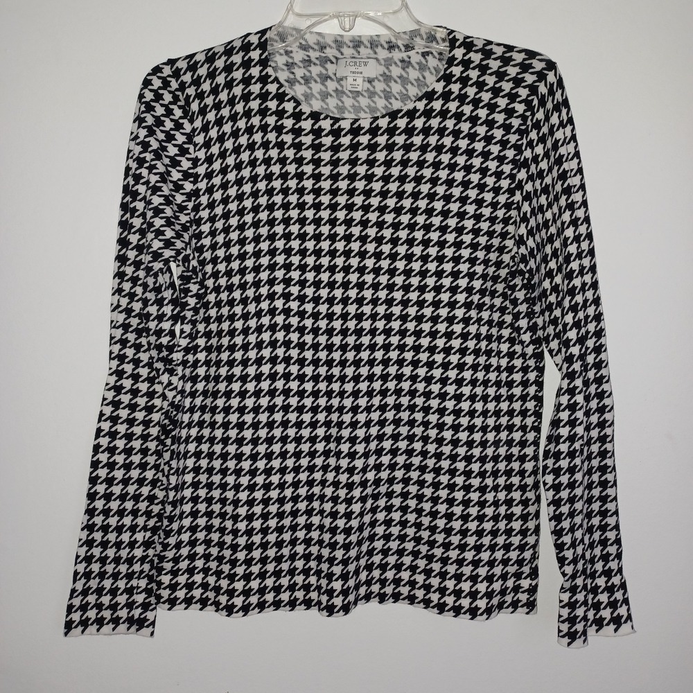 J.Crew Classic Cotton Houndstooth Teddie‎ Long Sleeve Sweater Sz M Black Whit